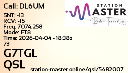QSL Card for G7TGL QSO with DL6UM