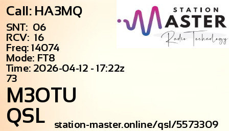 QSL Card for M3OTU QSO with HA3MQ