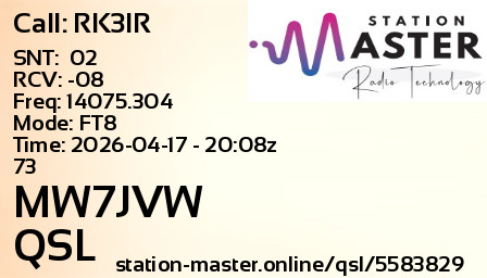 QSL Card for MW7JVW QSO with RK3IR
