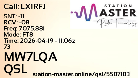 QSL Card for MW7LQA QSO with LX1RFJ