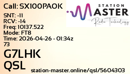 QSL Card for G7LHK QSO with SX100PAOK