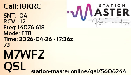 QSL Card for M7WFZ QSO with I8KRC