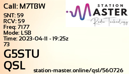 QSL Card for G5STU QSO with M7TBW