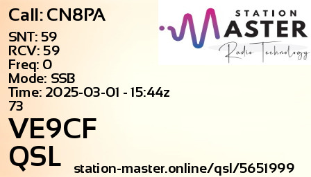 QSL Card for VE9CF QSO with CN8PA