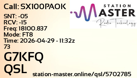 QSL Card for G7KFQ QSO with SX100PAOK
