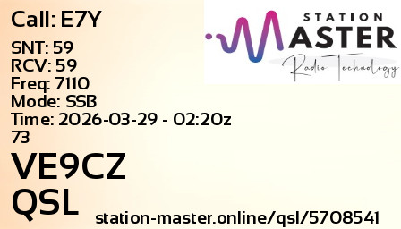 QSL Card for VE9CZ QSO with E7Y