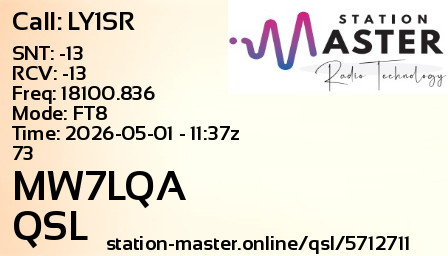 QSL Card for MW7LQA QSO with LY1SR