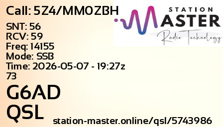 QSL Card for G6AD QSO with 5Z4/MM0ZBH