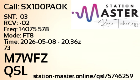 QSL Card for M7WFZ QSO with SX100PAOK