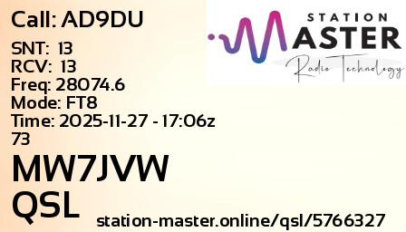 QSL Card for MW7JVW QSO with AD9DU