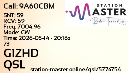 QSL Card for G1ZHD QSO with 9A60CBM