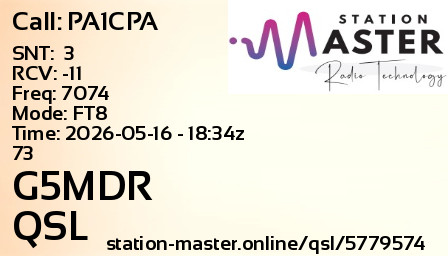 QSL Card for G5MDR QSO with PA1CPA