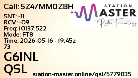 QSL Card for G6INL QSO with 5Z4/MM0ZBH