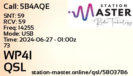 QSL Card for WP4I QSO with 5B4AQE