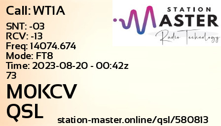 QSL Card for M0KCV QSO with WT1A