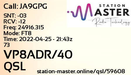 QSL Card for VP8ADR/40 QSO with JA9GPG