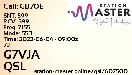 QSL Card for G7VJA QSO with GB70E