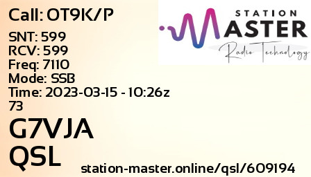 QSL Card for G7VJA QSO with OT9K/P