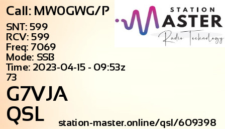 QSL Card for G7VJA QSO with MW0GWG/P