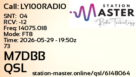 QSL Card for M7DBB QSO with LY100RADIO