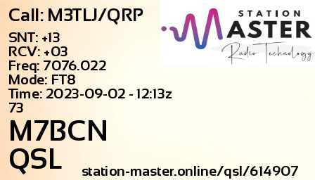 QSL Card for M7BCN QSO with M3TLJ/QRP