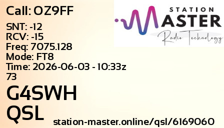 QSL Card for G4SWH QSO with OZ9FF