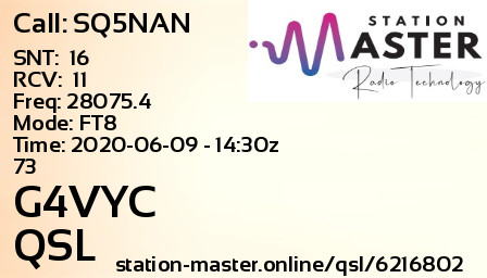 QSL Card for G4VYC QSO with SQ5NAN