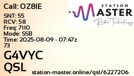QSL Card for G4VYC QSO with OZ8IE