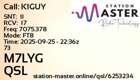 QSL Card for M7LYG QSO with K1GUY