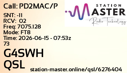 QSL Card for G4SWH QSO with PD2MAC/P