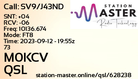 QSL Card for M0KCV QSO with SV9/J43ND