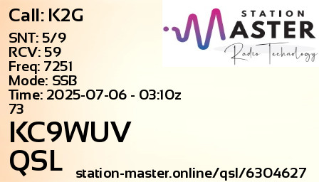 QSL Card for KC9WUV QSO with K2G