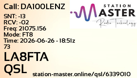 QSL Card for LA8FTA QSO with DA100LENZ