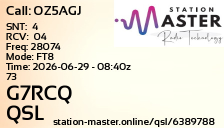 QSL Card for G7RCQ QSO with OZ5AGJ