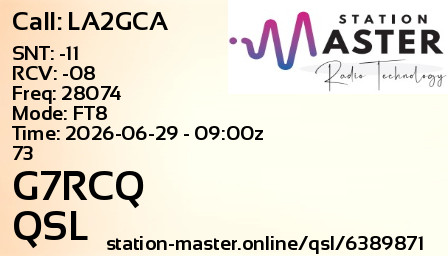 QSL Card for G7RCQ QSO with LA2GCA
