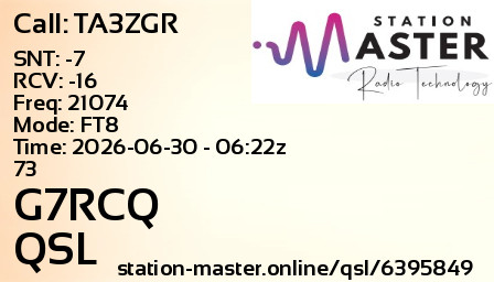 QSL Card for G7RCQ QSO with TA3ZGR