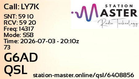 QSL Card for G6AD QSO with LY7K