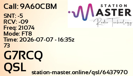 QSL Card for G7RCQ QSO with 9A60CBM