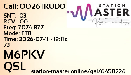 QSL Card for M6PKV QSO with OO26TRUDO