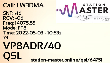 QSL Card for VP8ADR/40 QSO with LW3DMA