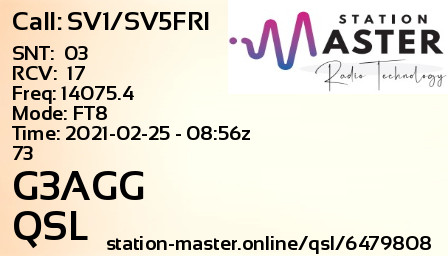 QSL Card for G3AGG QSO with SV1/SV5FRI
