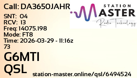 QSL Card for G6MTI QSO with DA3650JAHR