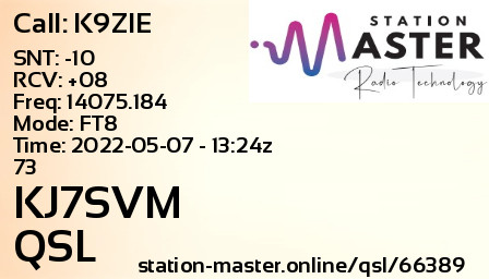 QSL Card for KJ7SVM QSO with K9ZIE