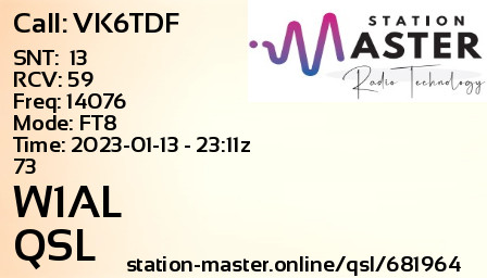 QSL Card for W1AL QSO with VK6TDF