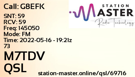 QSL Card for M7TDV QSO with G8EFK