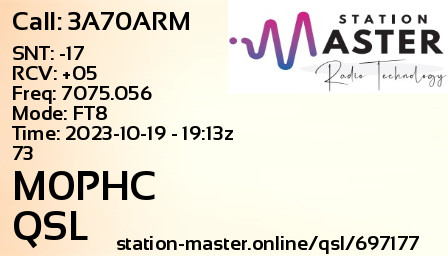 QSL Card for M0PHC QSO with 3A70ARM