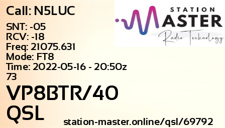 QSL Card for VP8BTR/40 QSO with N5LUC