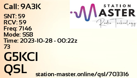 QSL Card for G5KCI QSO with 9A3K