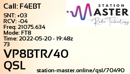 QSL Card for VP8BTR/40 QSO with F4EBT