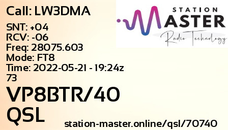QSL Card for VP8BTR/40 QSO with LW3DMA